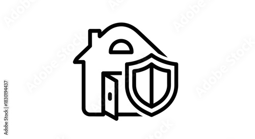 Conceptual illustration of a secure home with a shield and open door representing safety and
