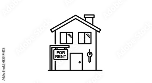 Minimalist outline of a house with a for rent sign and key representing real estate opportunity