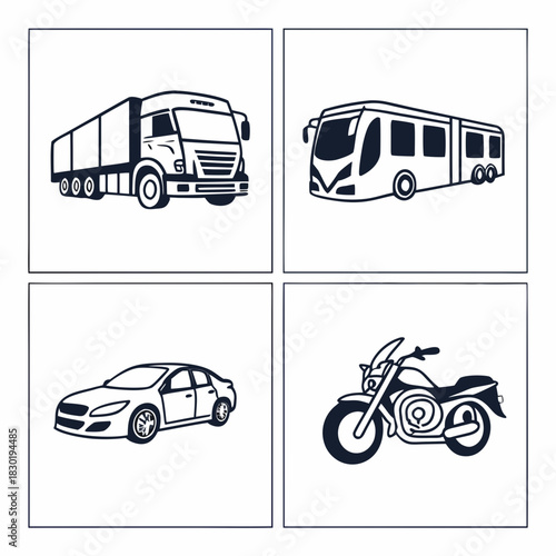 Collection of four distinct vehicle icons including a semi truck articulated bus sedan car and motorcycle in a simple black and white line art style for easy use