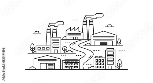 Monochrome illustration of industrial landscape with factories and office buildings minimalist