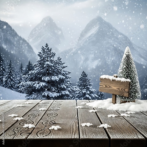 Snowy Mountain Landscape with Pine Trees, Festive Table, and Blank Sign