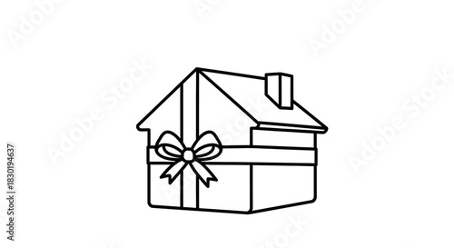 Line art illustration of a house wrapped as a present concept for new home gift