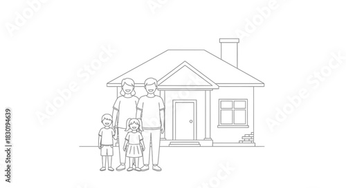 Happy family standing in front of their house in minimalist line art style illustration