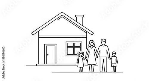 Illustration showcasing a house with a family of four symbolizing homeownership and domestic harmony