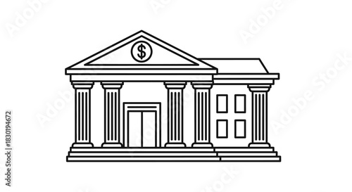 Simple Line Drawing of a Classic Bank Building with Dollar Sign on Top with Columns