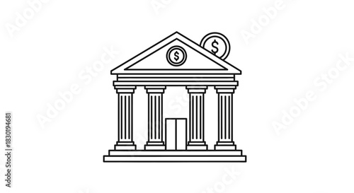 Simple line art illustration of a bank building with dollar coins, representing financial