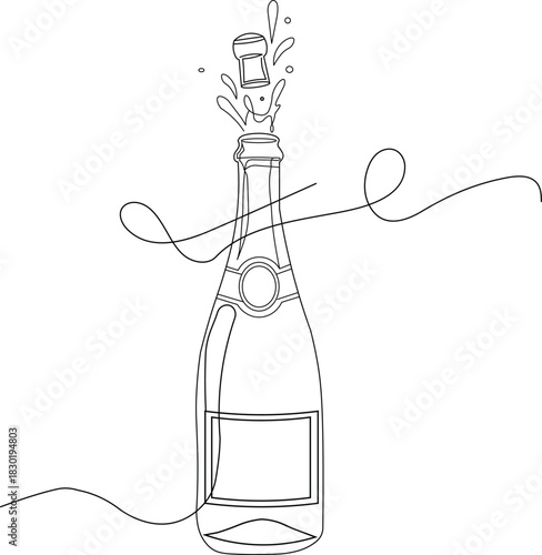 Champagne bottle continuous line drawing with popping cork 