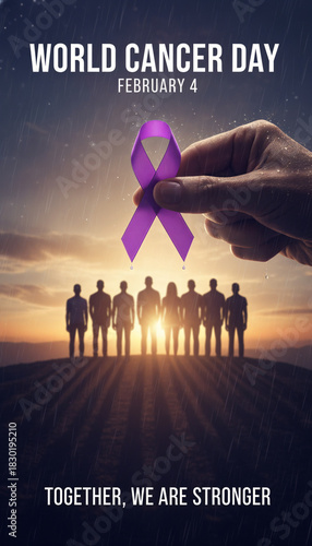 World Cancer Day Poster with Hand Holding Purple Ribbon over Silhouette Group at Sunset