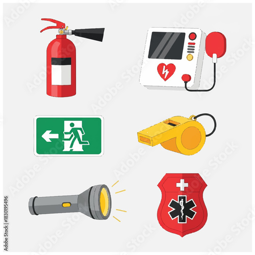 Emergency Equipment Vector Illustration Fire Extinguisher Defibrillator Whistle and More.