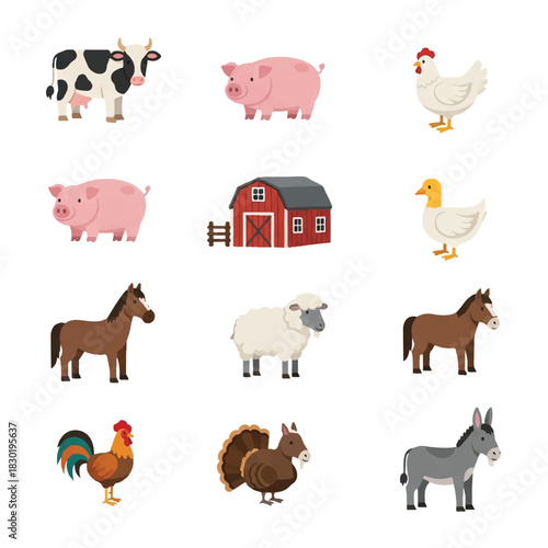 Farm Animals and Barn Illustration Cow Pig Chicken Duck Horse Sheep Turkey Donkey.