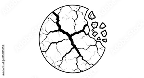 Cracked sphere breaking apart vector design symbolizing fragility and destruction
