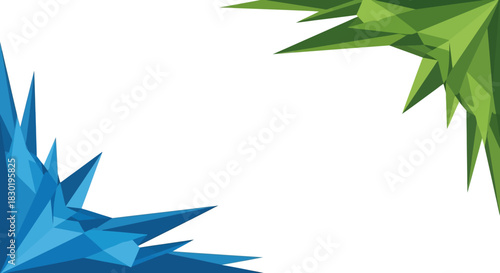 Abstract Geometric Design with Green and Blue Polygon Clusters on White Background