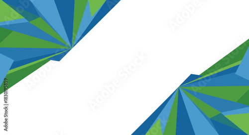 Modern geometric design with blue and green triangular facets on white background