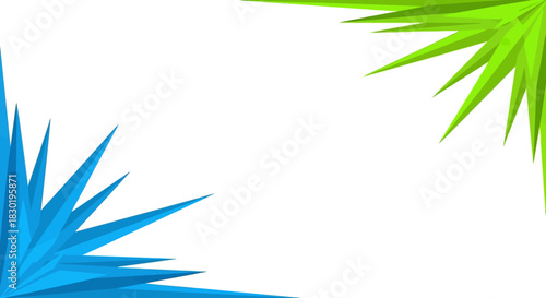 Geometric composition with blue and green sharp elements in the corners of frame