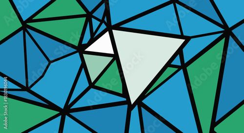 Geometric mosaic background design with blue, green and white triangular shapes