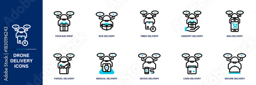 Drone Delivery Blue Colored Outline Icon Set
