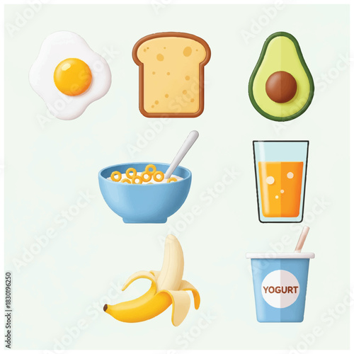 Healthy Breakfast Cartoon Icons Egg Toast Avocado Cereal Juice Banana Yogurt.
