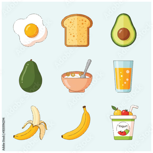 Healthy Breakfast Food Icons Egg Toast Avocado Cereal Juice Banana Yogurt.