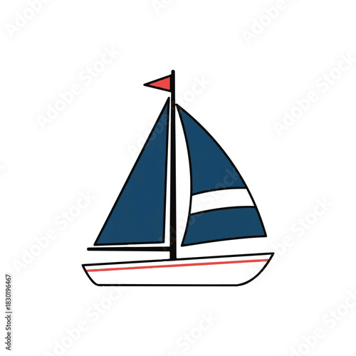 Illustration of a sailboat with blue sails and a red flag.
