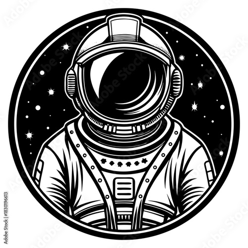 black and white vector badge of an astronaut in a spacesuit set against a starry background inside a circle. Ideal for space, exploration, science, and vintage sci-fi branding and apparel.