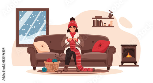 Cozy winter scene with a woman knitting a scarf by the fireplace at home