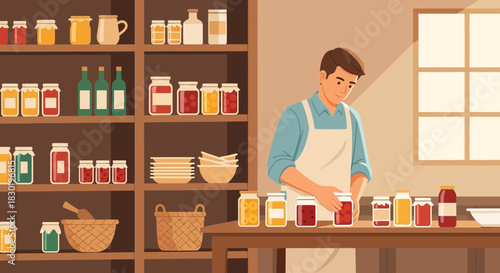 Home Canning Enthusiast Arranging Jars of Preserves in Pantry with Sunlight