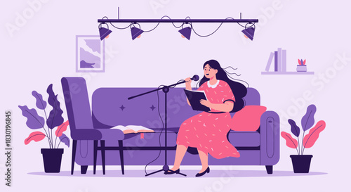 Young woman narrating story live with microphone sitting on sofa indoors
