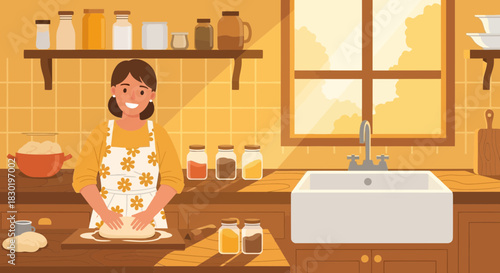 Cheerful woman baking at home, crafting fresh dough in a sunlit kitchen