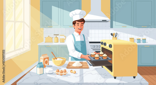 Enthusiastic baker taking freshly baked cupcakes out from a yellow oven