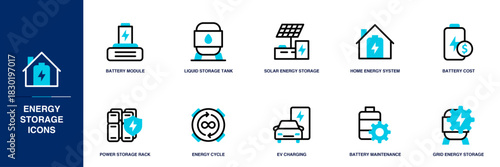 Energy Storage Blue Colored Outline Icon Set