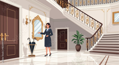 Elegant mansion foyer depiction with a woman gesturing an invitation into the space