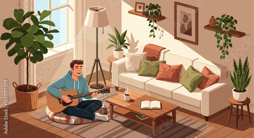 Serene Home Scene: A Young Man Playing Guitar in a Cozy Living Room