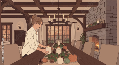 Elegantly preparing for autumn, woman setting a rustic dining table indoors