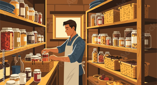 Illustration of a man in a pantry stocking jars of preserved foods on wooden shelves