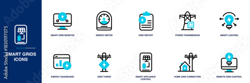 Smart Grids Blue Colored Outline Icon Set