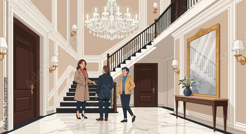 Elegant foyer illustration featuring a tour group and a grand chandelier scene