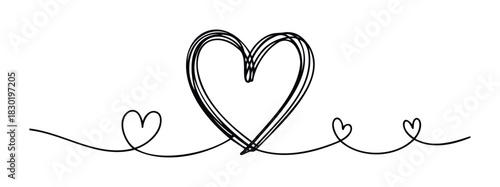 Simple black continuous line drawing of multiple hearts connected by a flowing line, perfect for romantic themes, expressing love and connection, ideal for graphic resources and digital