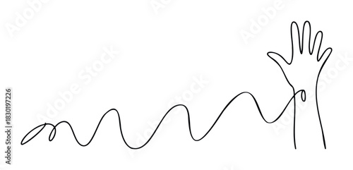 Minimalist single line drawing of a hand reaching up connected to a wavy line, symbolizing communication or connection, perfect for web graphics and abstract concepts.