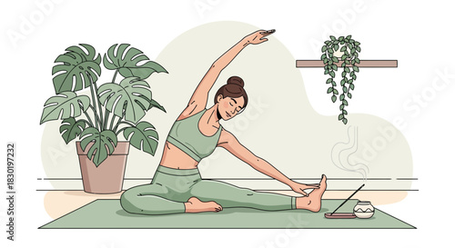 Serene Yoga: A Woman's Mindful Stretch in a Calm, Plant-Filled Sanctuary