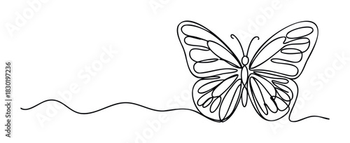 Single line drawing of a butterfly with flowing wings and a wavy line extending to the left, representing delicate motion and natural grace, perfect for nature themes or abstract concepts.