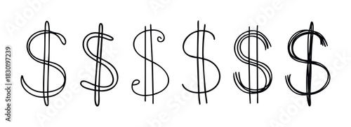 A row of diverse hand drawn dollar symbols showcasing different styles and textures, perfect for finance related topics and symbolizing wealth accumulation or financial growth concepts.
