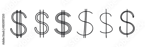Collection of various stylized dollar symbols for financial concepts and money related themes used in economic and business contexts