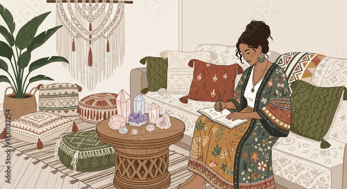Boho lifestyle illustration of woman journaling amid calming home setting filled with crystals