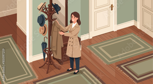 Elegant Woman in Foyer Hanging Trench Coat on Vintage Coat Rack Illustration