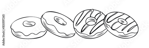 Line drawing of four delicious donuts with frosting and stripes, perfect for food blogs, menus, and sweet treat promotions, symbolizing indulgence and joy.