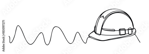 Minimalist line drawing of a hard hat with a wavy line suggesting sound or data transmission, ideal for industry, tech, or safety concepts.