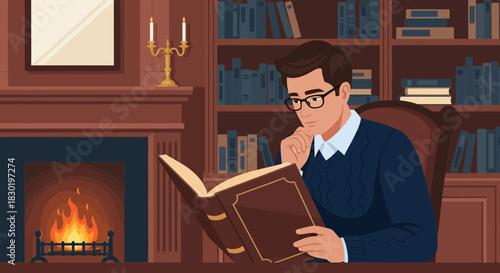 Illustration of a thoughtful reader immersed in a book by the cozy fireplace