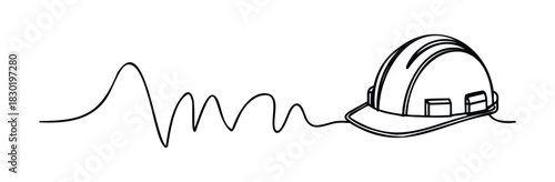 Minimalist single line drawing of a construction hard hat connected to a waveform, representing safety and data or progress for industry projects and professional services.
