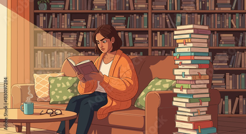 Contemplative reading afternoon in a cozy home library with warm light atmosphere