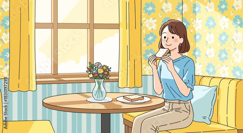 Cozy morning illustration of a woman enjoying toast in a sunlit home space